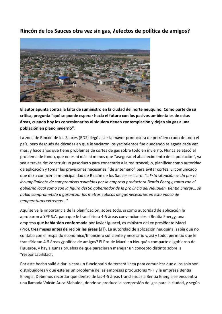 Rincón de los Sauces otra vez sin gas, ¿efectos de política de amigos?